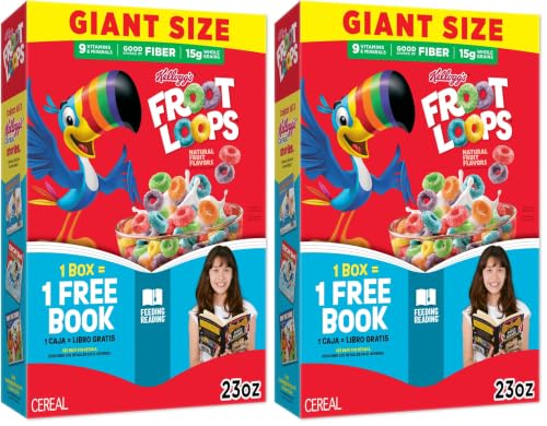 Kellogg's Froot Loops Breakfast Cereal,Good Source of Fiber,15g Whole Grains,Giant Size,23 oz,(Pack of 2)