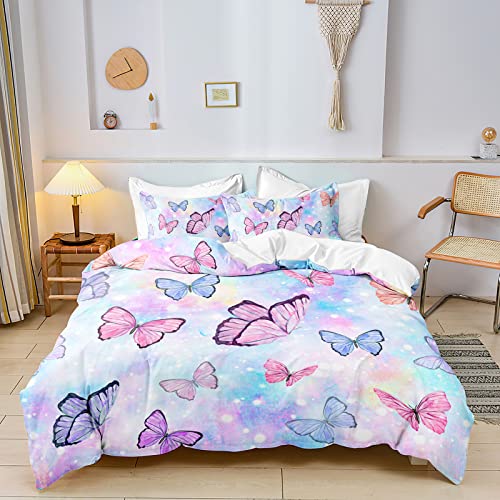 Setwier Twin Rainbow Butterfly Duvet Cover Set Pink Flower Duvet Cover For Kids Bedding Set Ultra Soft Breathable Kids Boys Girls Teens Comforter Cover 3Pcs With 2 Pillowcase #TOP6