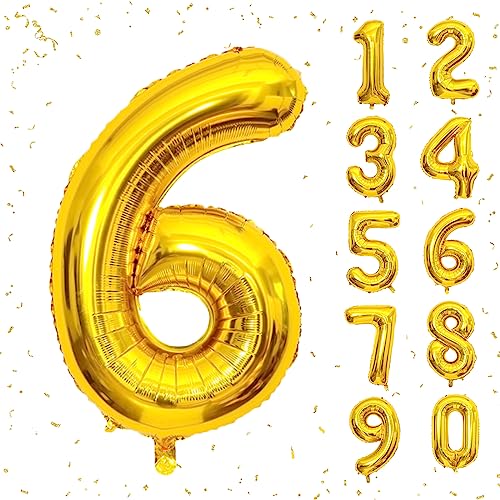 Image of 40 Inch Gold Number Balloons, Helium Mylar Foil Number Balloons for Birthday, Number 6 Balloon for 6st Birthday Decorations for Kids, Anniversary Party Decorations Supplies
