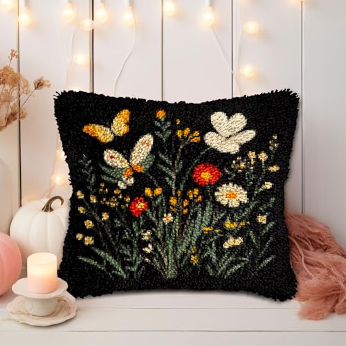 Image of DIY Latch Hook Pillow Kits for Adults Wild Flowers and Butterflies Printed Pillowcase Crochet Yarns Hooking Handmade Pillow Cover Cushion for Home Sofa Decoration 17x17inch-1