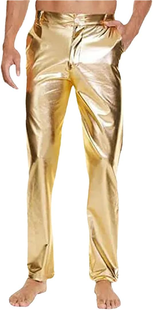 FULBHPRINT Men's Disco Pants Trendy Metallic PU Leather Party Trousers Hip Hop Streetwear Style