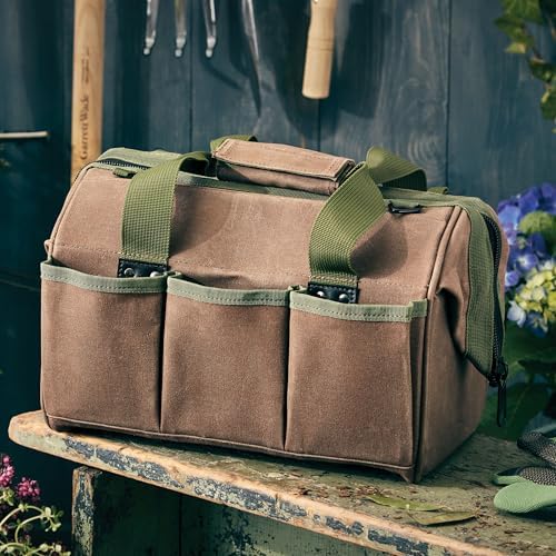 Waxed Canvas Tool Bag - 11.75” Heavy Duty Canvas Tote Bag Garden Caddy for Gardening Supplies or Tools with Wide Mouth 3 Interior and 3 Exterior Pockets - Gardening Gifts Men by Kings County Tools - Thumbnail 5
