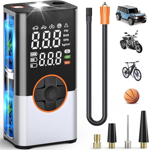 BIBURY 8000mAh Elektrische Luftpumpe Fahrrad Luftpumpe Elektrisch 150 PSI mit 5 Modi Akku Luftpumpe Luftkompressor Tragbare Fahrradpumpe mit LED-Taschenlampe, Powerbank für Auto Moto Fahrrad Bälle