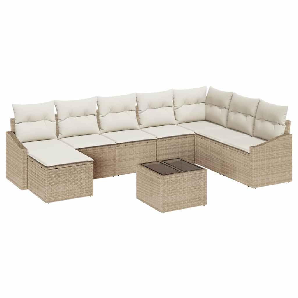 Sofa ogrodowa, 8-częściowy, beżowy/kremowy, polirattan, modułowa, odporna na warunki atmosferyczne, odporna na promieniowanie UV, z poduszkami, schowkiem, na taras i do ogrodu