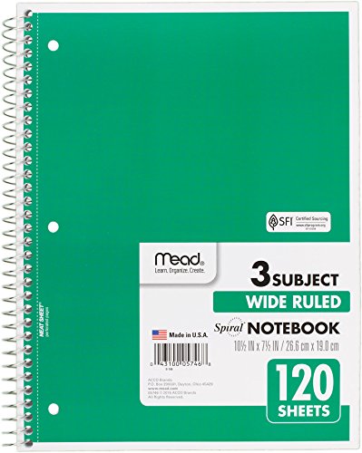 Mead 75698 Spiral Notebook, Wide Ruled, 3 Subject, 120 Sheets, 10.5" X 8", Assorted Colors, 6 Pack #TOP3