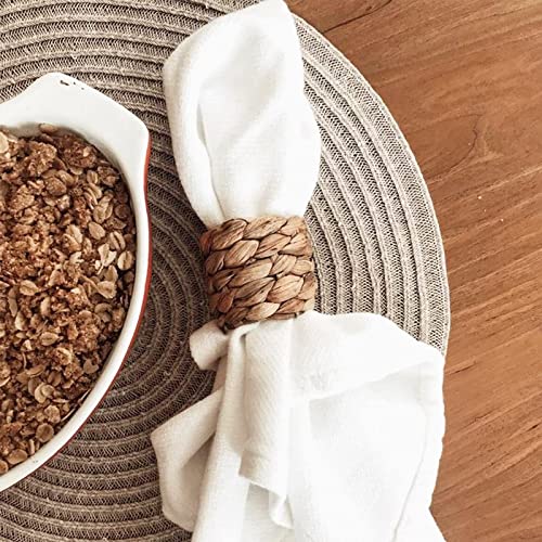 Farmhouse Napkin Rings Set of 4, Rustic Water Hyacinth Woven Napkin Ring, Natural Grass Serviette Buckles Holder for Xmas, Thanksgiving Day and Daily Use (Water Hyacinth) - Thumbnail 4