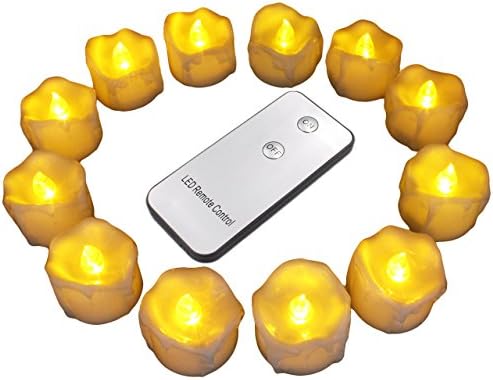 12Pcs LED Tea Lights with Remote Control for Halloween, Parties, Votives, Fall Decor, Diwali, Christmas Decoration, Realistic Flickering Flameless Candles-Amber Yellow, Wax Dripping Look