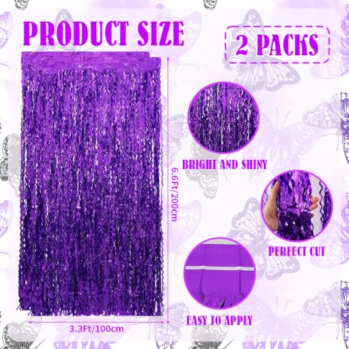 Image of TONIFUL 2Pcs Laser Wavy Purple Metallic Tinsel Foil Fringe Curtain Streamer | 3.3ftx6.6ft Photo Booth Backdrop Door Streamer Curtain, Props for Bachelorette Mermaid-Themed Birthday Graduation Decoration
