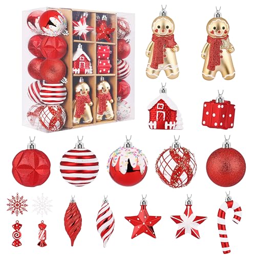 Shareconn 65pcs Christmas Tree Ornaments Set, Shatterproof Christmas Gingerbread Man Balls Bulk Gift Boxes, Hanging Plastic Decorative Baubles for Xmas Trees Decorations, Holiday Party, Red White