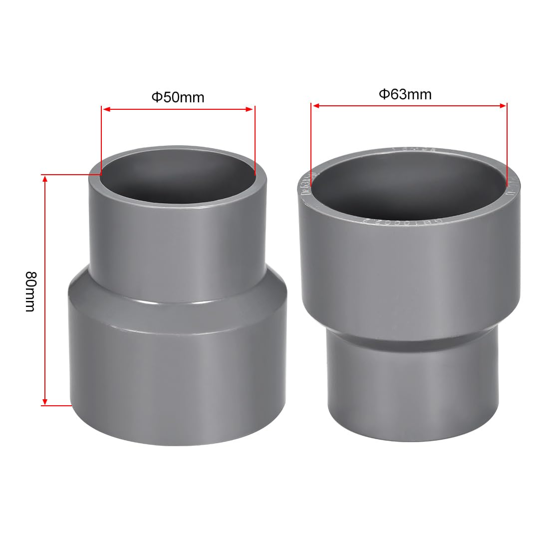 sourcing map Réducteur de Tuyau PVC DWV Hub 40 Gris 50mm x 63mm Douille 5pcs