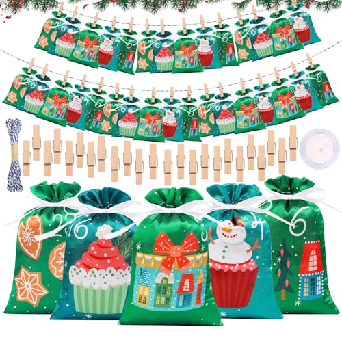 Adventskalender zum Befüllen 2025 für Kinder, Großer Stoff-Weihnachtskalender mit 24 Stoffbeutel (15x10cm), 2025 Adventskalenders DIY-BefüLlen Stoff Mit Holzklammern, Kordel Für Mädchen Jungen