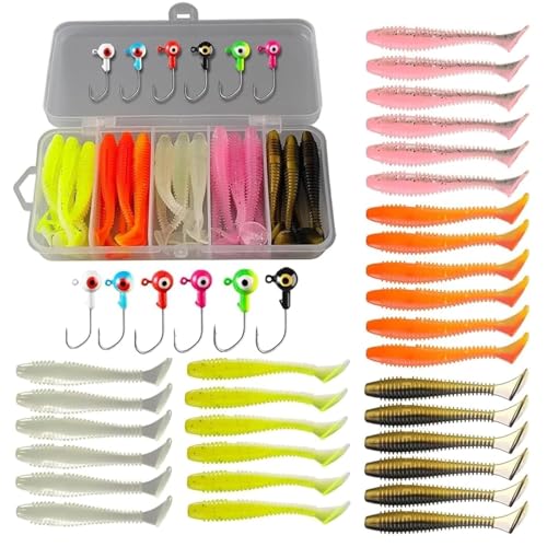 Yuiturt 36 Pcs Fishing Lures Kit with Heads & Hooks, Soft Plastic Grubs for Bass, Crappie, Trout, Perch, Freshwater & Saltwater Fishing, Artificial Soft Lures and Fishing Hooks