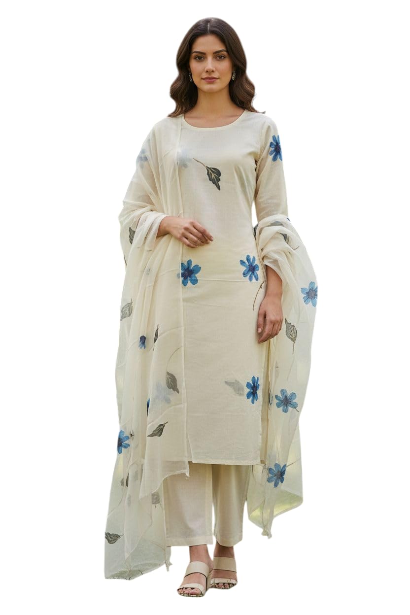Women's Unstitched Hand Block Printed Pure Cotton Suit Set with Chiffon Dupatta Kurta-image-24