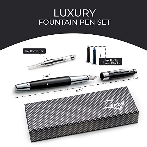 Zenzoi Black Fountain Pen | Luxury Fountain Pen, Executive Pen For Men, Women | Pen Gift Box W/Refillable Metal Pen, Fine Nib, Converter & 2 Ink Refill | Elegant, Quality, Fountain Pens For Writing #TOP2