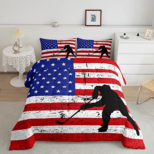 Erosebridal American Flag Comforter Set Twin, Hockey Bedding Set United States Sports Games Down Comforter for Kids Boys Teens Bedroom, Red White Geometric Stripes Duvet Sets with 1 Pillowca