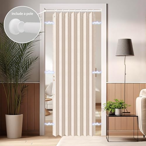 Image of AJAZZ Blackout Accordion Door with Curtain Rods Adjustable 28-39 inch Long Invisible Sliding Glass Door Curtain for Bedroom Living Room Doorway Curtain Sets (1 Pack, 43 W x 78 L, Cream Yellow)