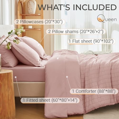 Image of MUXHOMO 7 Pieces Queen Comforter Set, Seersucker Bed in a Bag Queen Size, All Season Luxury Bedding Set with Comforter, Flat Sheet, Fitted Sheet, Pillowcases & Shams, Rose Gold