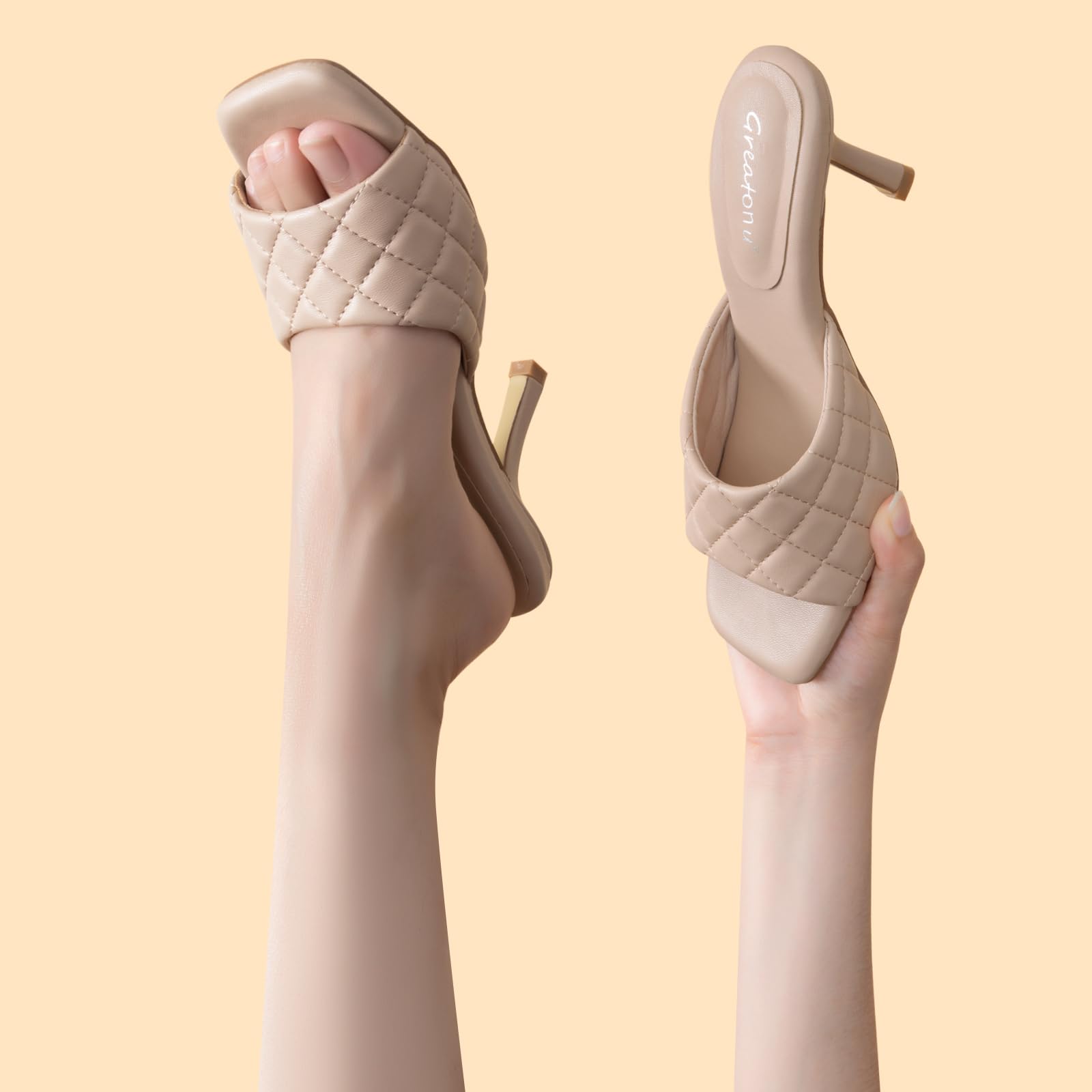 Greatonu Women's Square Toe heels Open Toe Slip-on Sandals Heeled Mules