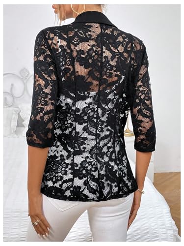 GORGLITTER Women's Lace 3/4 Sleeve Blazer Dressy Casual Trendy Fall Fitted Button Front Business Work Blazer Jacket 20252