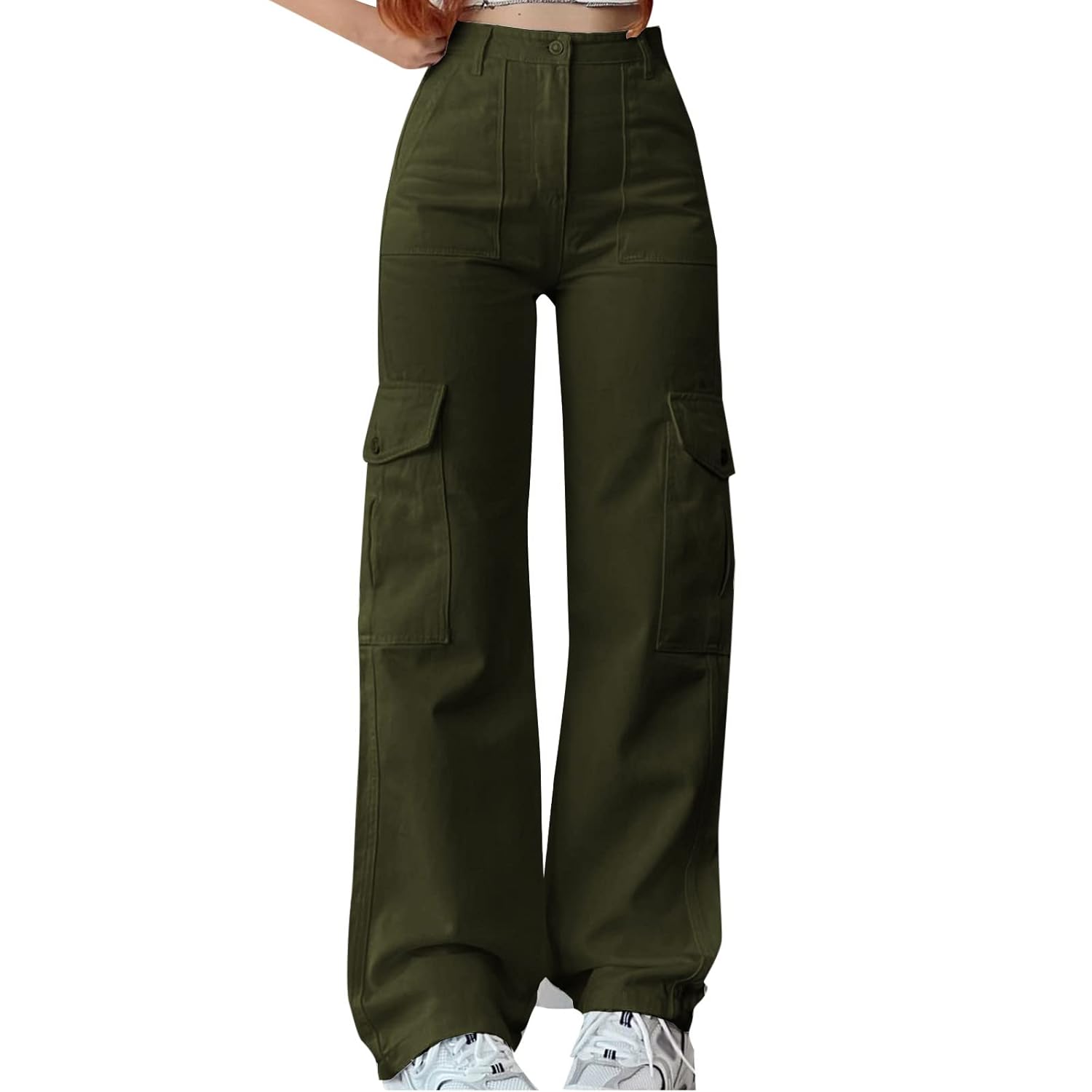 YOLAI Womens High Waist Cargo Pants Casual Wide Leg Pants Streetwear Hip Hop Solid Color Trousers with Pockets