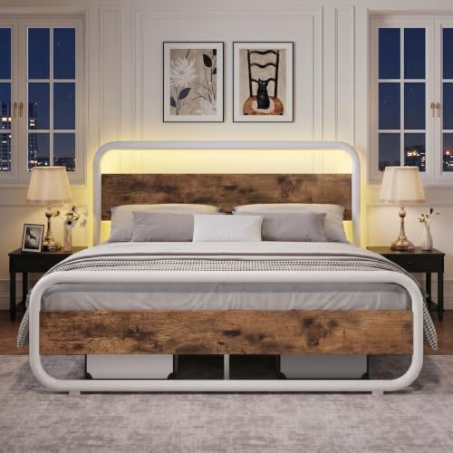 Image of Queen Bed Frame, Metal Platform Queen Bed Frame with Wood Headboard, White | RBG LED Lights /Heavy Duty Metal Slats Support /12 in Under-Bed Storage /Noise-Free /No Box Spring Needed /Easy Assembly