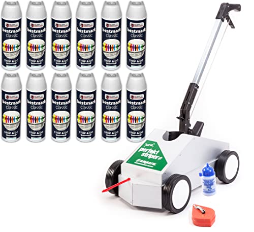 ColorLine UvV Fahrbahnmarkierungsfarbe 12 Dosen + 1 Markierwagen für Fahrbahnmarkierung, Bodenmarkierungen auf Ihren Parkplätzen und Betriebswegen (weiß) Cover