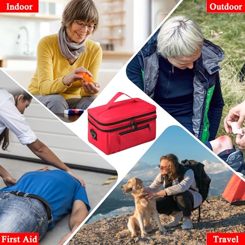 Image of Tesuko Medicine Bag for Traveling with Portable Small Pouch, Double Layer Pill Bottle Organizer Storage Case with Lockable Zippers, Carrying Medication Travel Case with Shoulder Strap (Bag ONLY), Red
