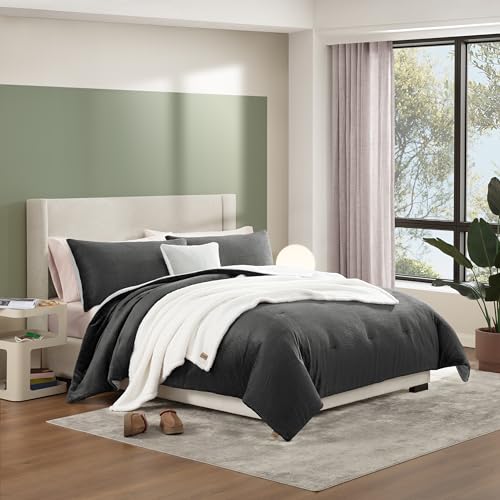 Image of UGG Remina Comforter Set 5 Piece Bed in a Bag with Throw Blanket, Decorative Pillow, Shams, and Reversible Comforter Hypoallergenic Washable Luxury Plush Warm Fluffy Bedding Set, King, Charcoal Grey