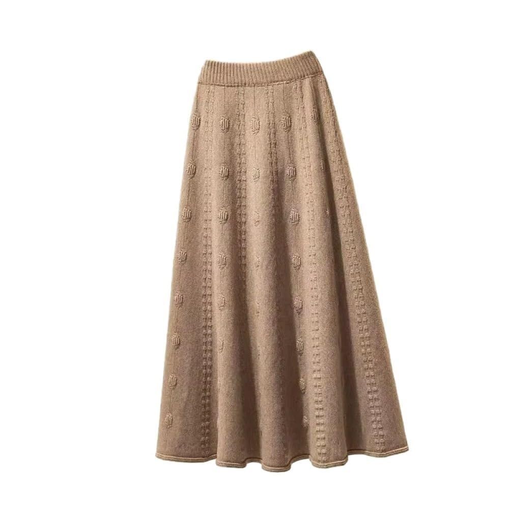 MAGAUSVZVK Women'S Elegant Khaki Jacquard Weave Pleated Long Skirts For Women Winter Elastic High Waist A-Line Knitted Skirt Casual Plus Size Warm Skirts(XXL)