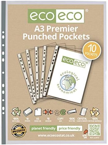 Punched Pocket A3 Portrait Strong Premier 90 Micron Transparent Poly Wallets Glass Clear Sheet Protector Sleeve - 78213 (Pack of 10 x 1)