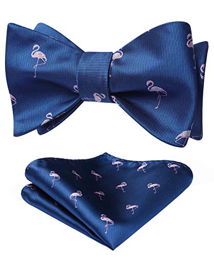 HISDERN Mens Bow Ties Flamingo Animal Self Tie Bowties Pocket Square Woven Jacquard Funny Bowtie Handkerchief Set for Wedding Party