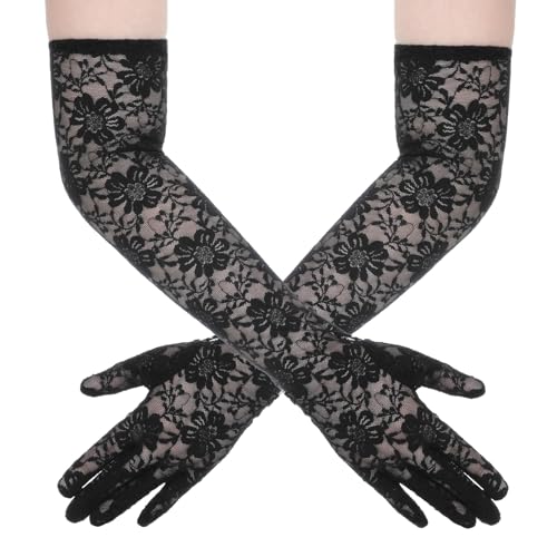 2 Pcs Lace Gloves, Long Black Gloves, Elegant Women's Elbow Long Lace Glove, Portable Exquisite Length Lacy Glove with Floral for Women Formal Costume Dinner Wedding Dancing Cocktail Party Opera