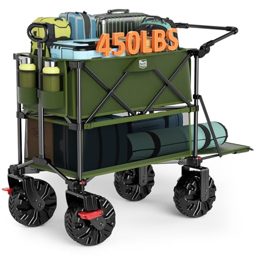 TIMBER RIDGE Push & Pull Double Decker Wagon, 400L Large Capacity Heavy Duty & 450lb Load, Collapsible Cart with All-Terrain Wheels & Brakes, 54” Extended Foldable for Sports, Beach, Camping, Green