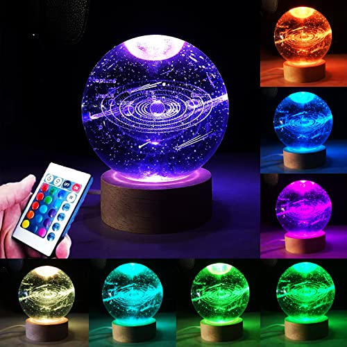 Galaxy Light, 3.15 Inch 3D Solar System Crystal Ball Night Light, 16 Color Change Galaxy Glass Ball Space Lamp With Remote Control Led Wooden Base, Astronomy Gifts For Kids, Boys Girls (Solar System) #TOP5