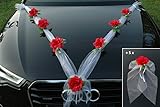 hochzeitsschmuck auto befestigen Ratan Herze als Option (H) Organza M + Schleife Auto Schmuck Braut Paar Rose Deko Dekoration Autoschmuck Hochzeit Car Auto Wedding Deko Ratan Girlande PKW … (Rot Weiß)