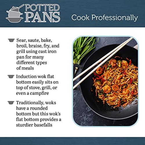 Potted Pans Cast Iron Wok With Handle - Pre-Seasoned 14 Inch Wok For Cooking Vessels And Stir Fry Pan Flat Bottom Wok #TOP2