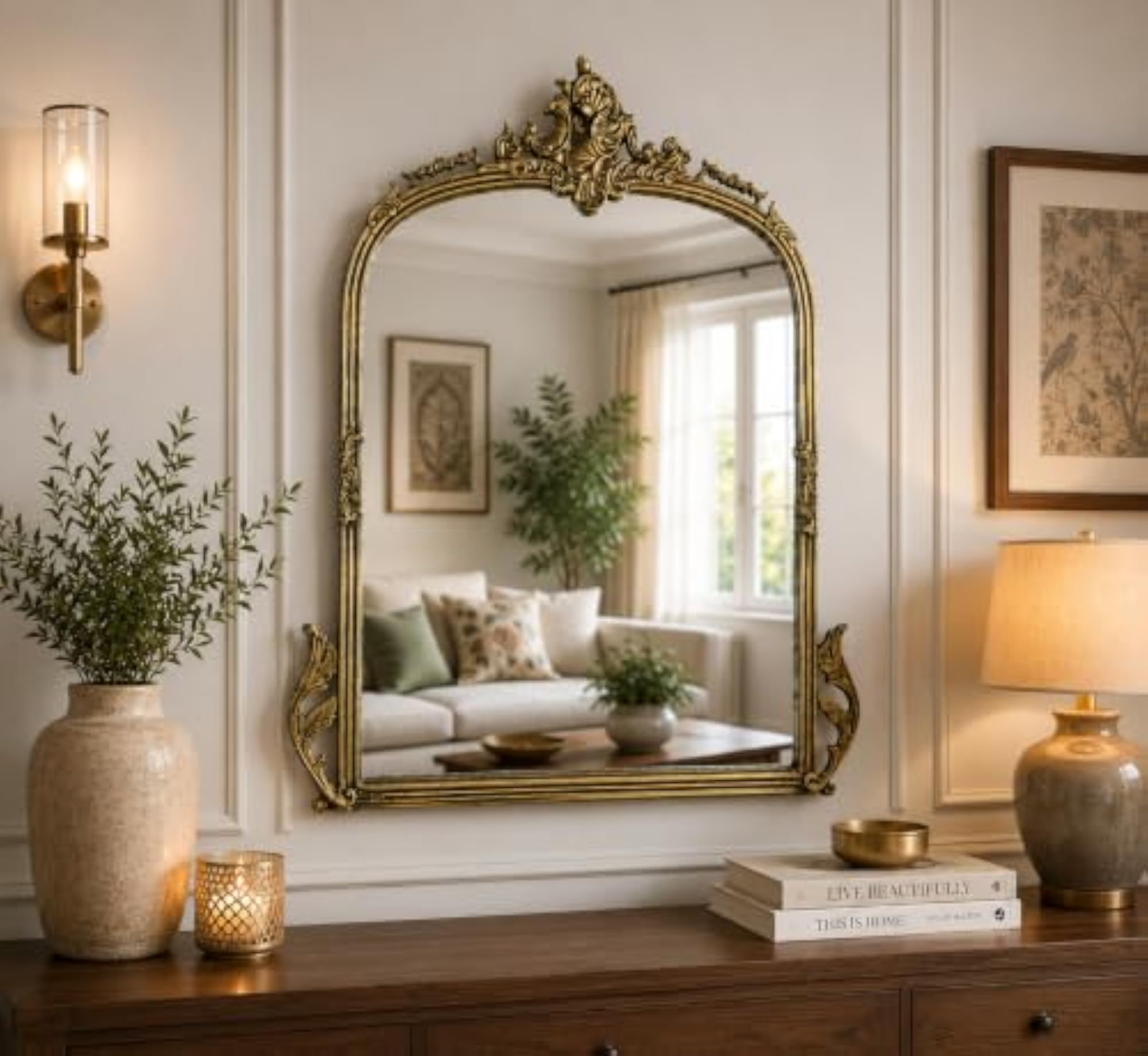Wall Mirror, 36x24 Inch, Arched, Victorian Style