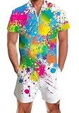 RAISEVERN Men's Rompers One Piece Zipper Jumpsuit Paint Splatter Bro Shorts Graffiti Slim Fit Outfits with Pockets (L)