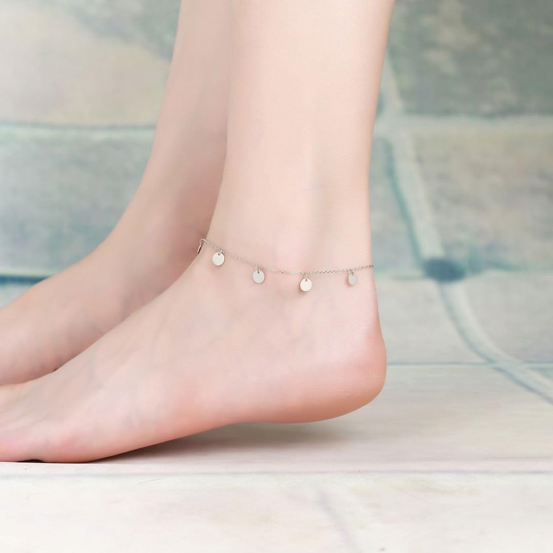 Adabele Solid Sterling Silver 18K White Gold Adjustable Anklet 6mm Coin Disk Pendant 9 10 11 Inch with 1 Inch Extender Hypoallergenic Nickel Free Tarnish Resistant Women Jewelry
