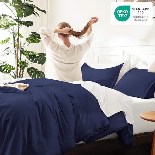 Image of Litanika Navy Blue Comforter Set Full Size, 3 Pieces Boys Men Lightweight Solid Bedding Comforter Set, All Season Fluffy Down Alternative Bed Set (79x90In Comforter & 2 Pillowcases)