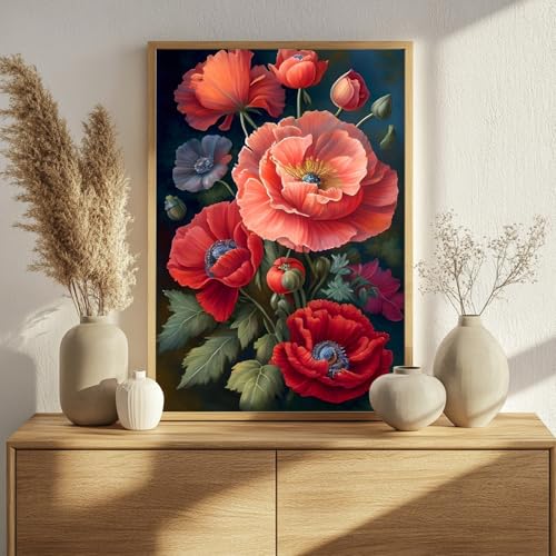 Flowers Paint by Numbers for Adult, Poppy Paint by Numbers Kit for Adults Beginners, DIY Flowers Acrylic Painting on Canvas for Home Wall Art Decor 16x20 Inch - Thumbnail 2