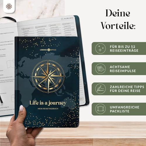 LEBENSKOMPASS Reisetagebuch zum ausfüllen Hardcover Tagebuch mit Platz für 50 Erinnerungen zum selberschreiben - Reisedokumentation für den Urlaub zur Organisation und Erinnerung