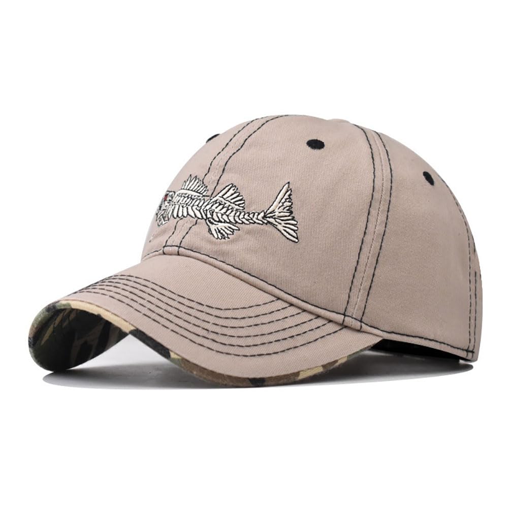 Fish Bone Embroidered Baseball Cap Classic Vintage Cotton Cap Neutral Baseball Cap Outdoor Cap, Beige, L
