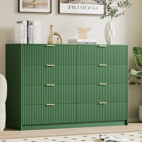 Image of Furniway Green Dresser for Bedroom, Modern Dresser with 8 Drawers and Smooth Slides, Wide Chest of Drawers with Golden Handles for Bedroom, Closet, 15.7 inch D x 55 inch W x 37.4 inch H