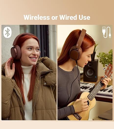 Image of Japan Series Bluetooth 6.0 Wireless Over-Ear Headphones with 400mAh Battery, 20H Playtime, Deep Bass HiFi Stereo, Built-in Mic, 40mm Drivers, Foldable Headset (Brown)