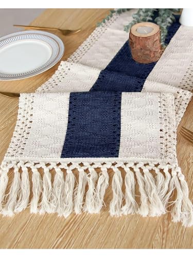 Chemin de table bleu avec pompons, écharpe de commode classique, déco table à manger 30x160 cm