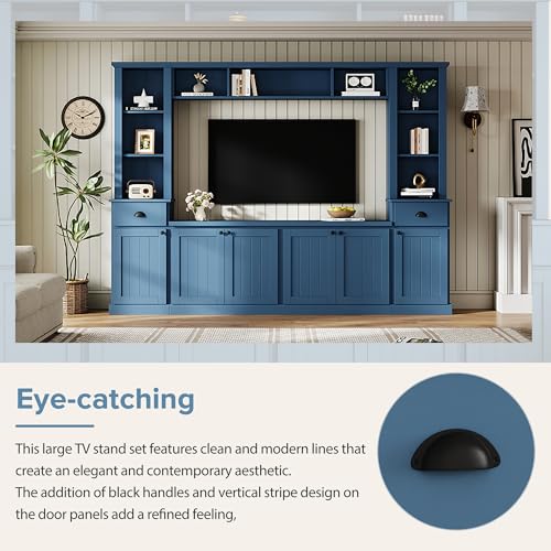 Image of 103 inchL Large Entertainment Center with Bookshelves and Drawers for TVs Up to 75'', Wall Unit Entertainment Center with Adjustable Shelves and Cabinet, Minimalist TV Stands for Living Room Blue
