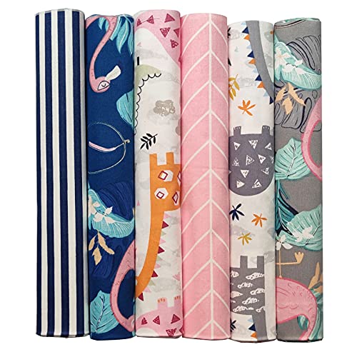 Gnognauq 6Pcs Flamingo Printed Cotton Fabric Fat Quarters Fabric Bundles for Patchwork Sewing Crafting, 18 x 22 inches