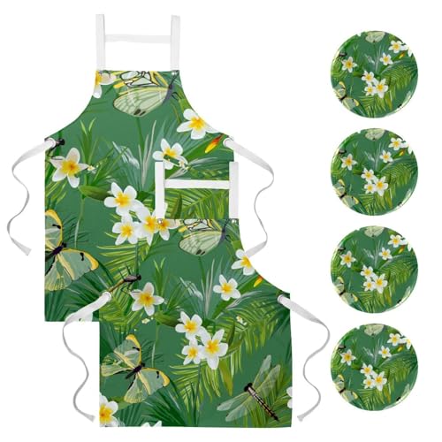 Tablier de serveuse haut de gamme motif libellules en fleur pour bistrot et bar x2