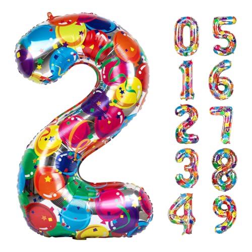 Number 2 Balloon 40 Inch Colourful Two Balloon Number Birthday Decor, 2nd 12 21st Party Celebration Decorations Graduations Anniversary Baby Shower